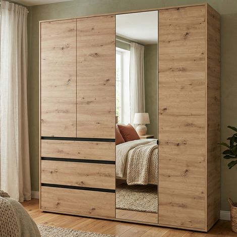 Armario grande Rifreddoo, armario de dormitorio con 4 estantes, 3 cajones, barra para colgar, 183x211h cm, marrón roble nudoso (1/5)