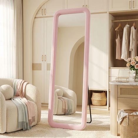 Miroir sur Pied 160x50cm Miroir Pleine Longueur Rectangulaire Coins Arrondis Cadre en Flanelle Douce Miroir Mural ou à Poser pour Chambre Salon Dressing - Rose (1/5)