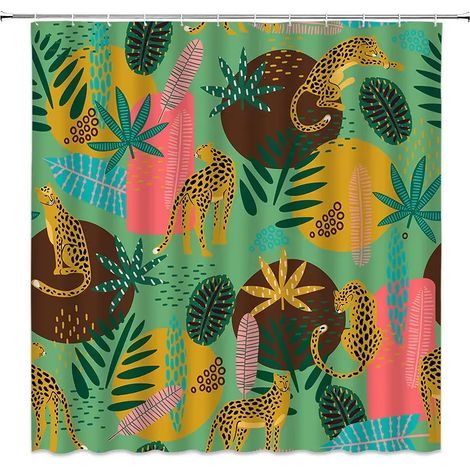 Tenda da doccia in stile boho con stampa leopardata, tenda da bagno con stampa leopardata tropicale, moderna tenda da bagno rosa con motivo floreale blu e fasi lunari, 180 x 230 cm (70 x 90 pollici)