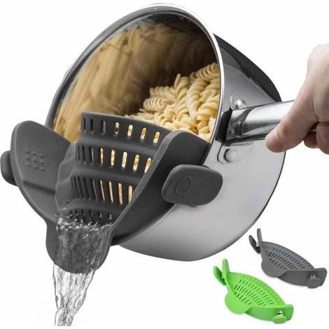 Confezione da 2 scolapasta in silicone con clip per pentole e padelle - Design pieghevole - Colino resistente al calorie per verdure e pasta - Verde/Grigio (1/4)
