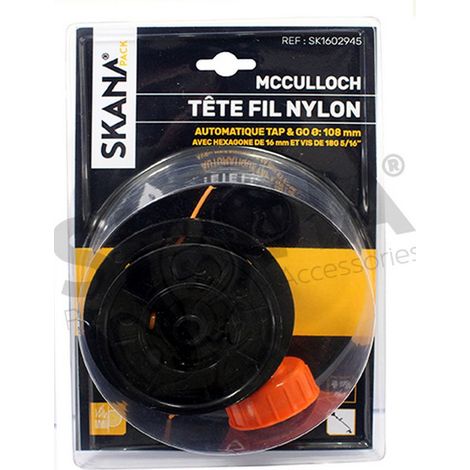 Testina filo in nylon a srotolamento automatico con 2 fili per diserbanti Mcculloch. Montaggio su esagono da 16 mm, pulsante con vite