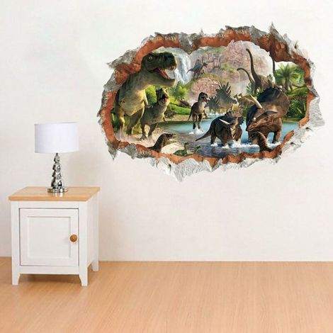 Sticker Muraux Dinosaures dans la Rivière 3D Autocollant Mural 3D Vue D'Effet Spécial 3D à L'Extérieur du Mur Fissuré Décoration Amovible DIY Vinyle Mur Maison Stickers pour Salon Chambre (1/4)
