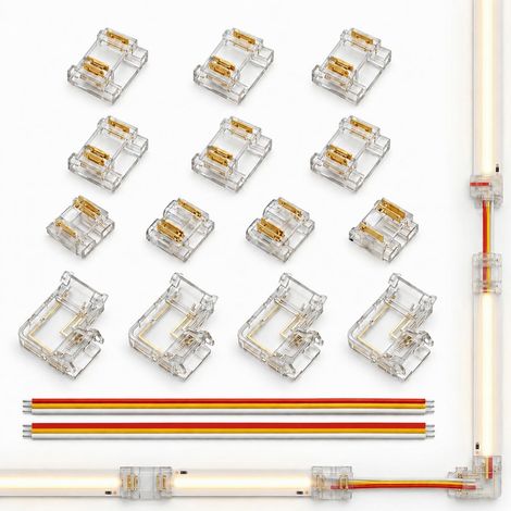3-poliges 10-mm-COB-LED-Steckverbinder-Set, 10 transparente 3-polige 10-mm-Steckverbinder, 4 L-förmige 3-polige Steckverbinder, 2 x 15 cm 22AWG-Kabel, lötfreier LED-Streifenverbinder für COB-Streifen 