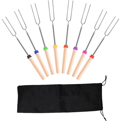 Fourchette télescopique en acier inoxydable pour barbecue, accessoires de barbecue avec manches en bois, aiguilles à griller et fourchette en forme de U, adaptés aux barbecues, au camping et aux feux (1/5)