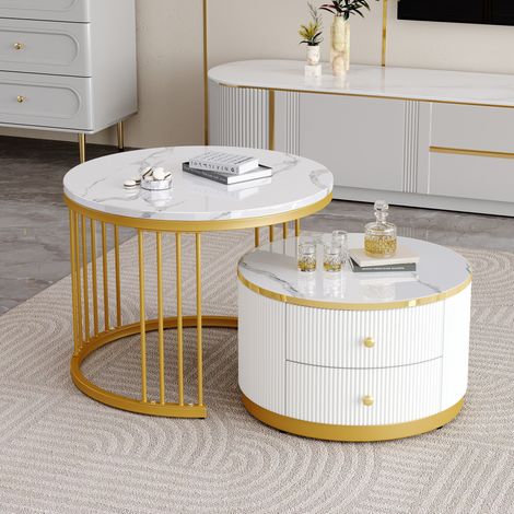 Table basse gigogne 2 pièces ronde, blanc, effet marbre brillant, 2 tiroirs HAVRYA (1/5)