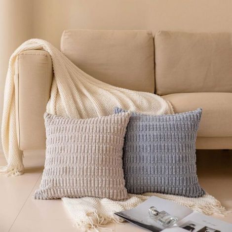 Housses coussin 45x45 cm, lot de 4 en velours côtelé rayé, style bohème, doux et ferme (1/5)