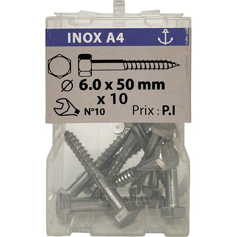 10 vis à bois 6 x 50mm tête hexagonale inox A4 - Viswood