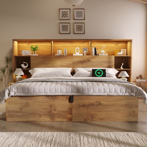 Lit coffre 160x200 avec LED et USB-C, bois, HAVRYA (1/5)