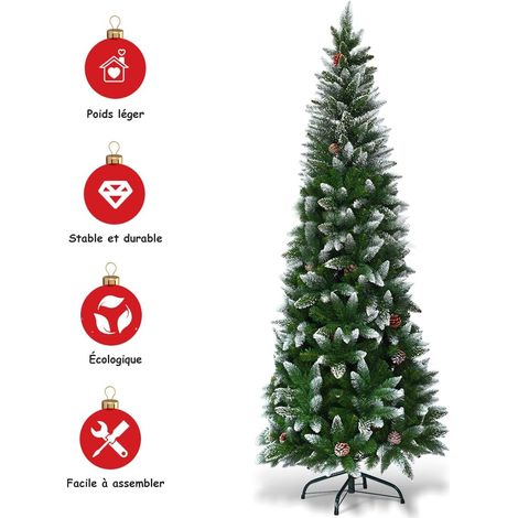 COSTWAY Sapin de Noël Artificiel 220CM Aiguilles en PVC avec Neige 720 Branches Support Métallique Extérieure Vert 39 Pommes de Pin (1/5)