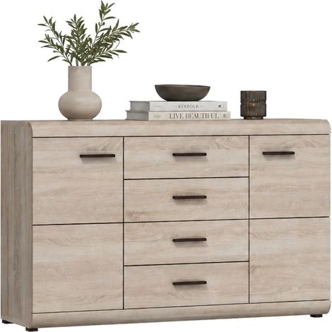 Credenza Hamireso, Madia 4 Cassetti, 2 Ripiani, Apertura Battente, Scorrevole, 140x42x87h cm Marrone Rovere