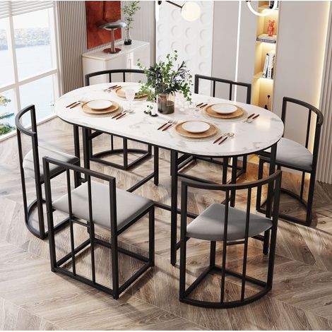 Mesa y sillas de comedor 140 x 80 cm, 6 plazas, MDF, blanco y negro DESVIAE (1/5)