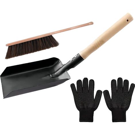 Brosse de cheminée et Pelle à pellets avec Gants en Silicone Noir Fiche de Charbon Nettoyage de poussière avec Une Longue poignée en Bois pour poêle (1/5)