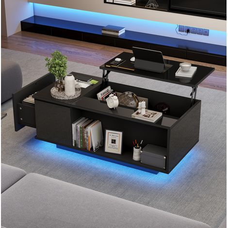 Couchtisch aus Spanplatte schwarz 100 x 50 x 40 cm, höhenverstellbar mit LED und Stauraum (1/5)
