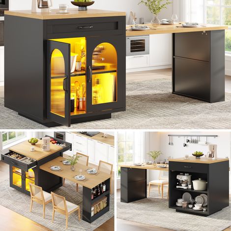 Îlot cuisine extensible LED moderne 2 tiroirs étagères réglables buffet verre cannelé plan MDF (1/5)