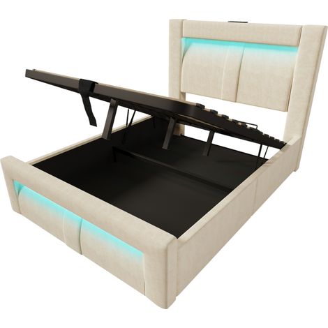 Letto singolo 90x200 cm con contenitore, LED e porte USB Type-C, beige, velluto (1/5)