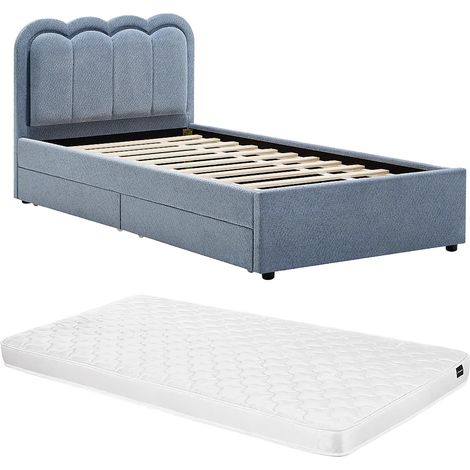 Lit 90 x 190 cm avec 2 tiroirs - Avec LEDs - Tissu chenille - Bleu clair + Matelas - NESTIAKO (1/5)
