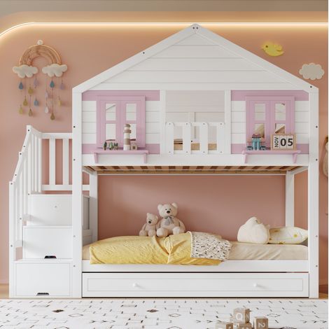 Lit superposé 90x200 cm blanc et rose en pin et MDF avec lit gigogne et rangement (1/5)