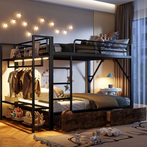Cama dormitorio juvenil con cajones estantes LED negra HAVRYA (1/5)
