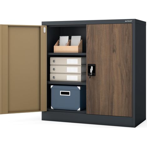Petit Armoire de Bureau Metallique revêtement en Poudre Portes battantes verrouillable 92,5 cm x 90 cm x 40 cm (Anthracite/Imitation Bois) (1/5)