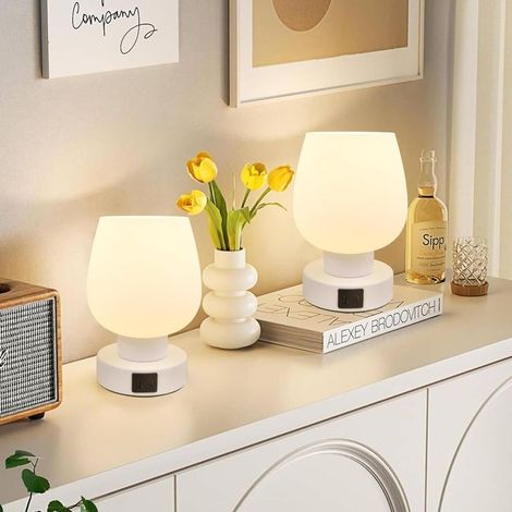 Lampe de chevet - petite lampe tactile pour table de chevet de chambre à coucher, dimmable à 3 voies, abat - jour en verre opale blanc, Ampoule LED chaude incluse (1/2)