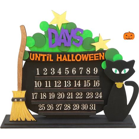 Décoration de Table en Bois pour Halloween : Balai et Chat, Ornement de Compte à Rebours pour la Maison (1/2)