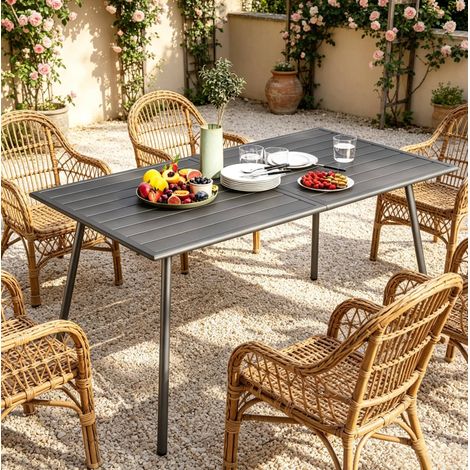 Mesa de jardín 150x80x74 cm de acero gris, 6 plazas, para terraza y comidas – MEUBLIV (1/5)