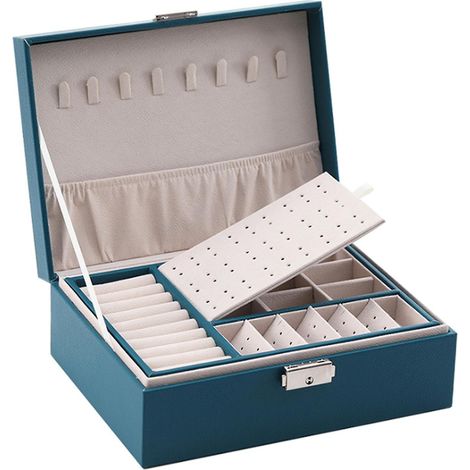 Coffret à bijoux multifonction en cuir PU, double couche, grande capacité, organiseur de rangement pour bijoux - Bleu pastel