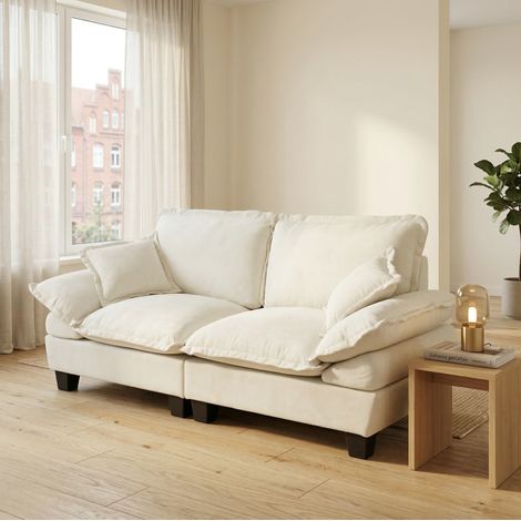Divano 2 posti in chenille beige, design ispirato alla barca a vela, braccioli curvi rimovibili, modulare (1/5)
