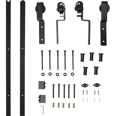 Système coulissant pour porte en bois, rail 200 cm, acier noir, 9 accessoires, pour 2 vantaux (1/4)
