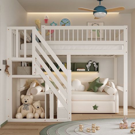 Hochbett 90x200 cm – Bett aus Massivholz – mit Stauraumtreppe und hohen Geländern – Holzrahmen – Kinderbett  – Weiß