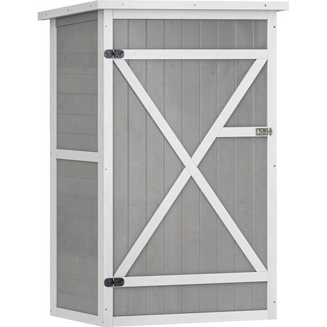 Armoire de jardin en bois de sapin pré-huilé, remise pour outils avec toit bitumé incliné, porte verrouillable à loquet, 2 étagères intérieures, dim. 75x56x115 cm. (1/5)