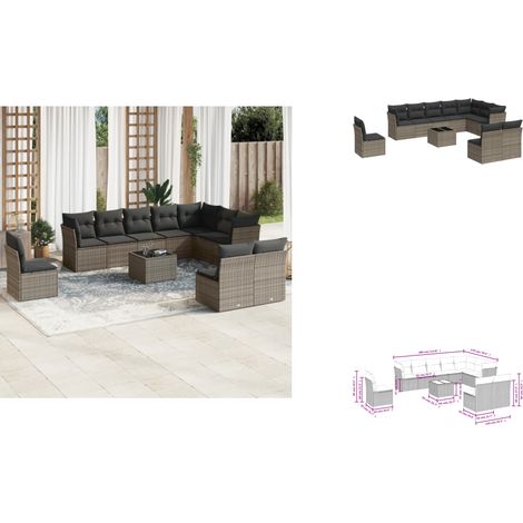 11-tlg. Garten-Sofagarnitur mit Kissen Grau Poly Rattan - Gartenmöbel Set - PE-Rattan Möbel - Outdoor Sofa - Esstisch - Lounge Garnitur (1/3)