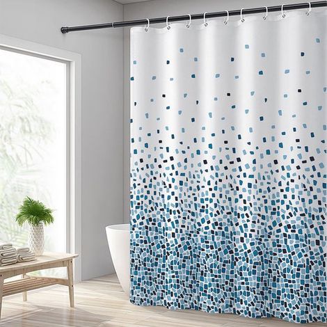 Rideau de douche imperméable en mosaïque bleue, lesté en bas, avec crochets, 240 x 200 cm (1/5)