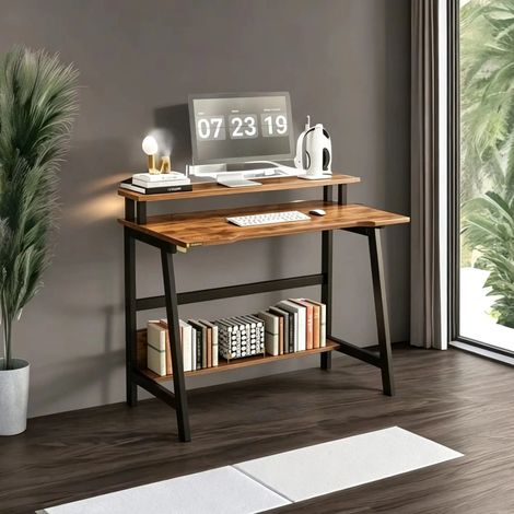 Bureau PC fer/MDF marron 80x50x86.5, maison/bureau/étud. (1/4)