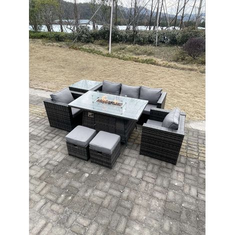 Fimous Outdoor PE Rattan Garden Furniture Gas Fire Pit Dining Table Armchairs With High Side Coffee Table 2 Stools Dark Grey Mixed (1/4)