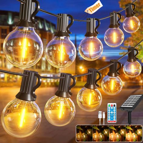 Cadena de luz solar para exteriores de 7 m, Lámpara solar de jardín con control remoto y 10 bombillas LED G40, 8 modos, temporizador, carga USB, IP44 (1/5)