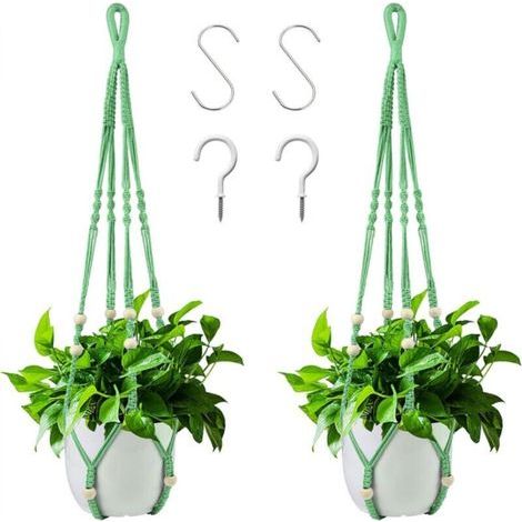 Suspension pour plantes d'intérieur en corde de coton vert gazon, 85 cm, avec perles en bois, pour décoration intérieure, sans crochets, 2 paires (1/4)
