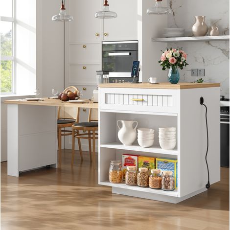Isola cucina 121.5x70x92 cm, piano estraibile, presa integrata, 1 cassetto, ripiani regolabili, MDF metallo bianco (1/5)