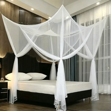 Moustiquaire de Lit à Quatre Portes, Double Carré Grand en Polyester, Baldaquin Intérieur et Extérieur - Blanc
