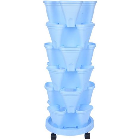 Lot de 6 pots de culture empilables bleus en plastique vertical avec 4 pétales et plateau à roulettes amovibles pour extérieur intérieur (1/2)