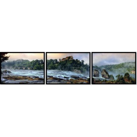 QUADRO INCORNICIATO 53x73cm Trittico Set di 3 dipinti Cascata Ruscello Montagne P1010 (1/3)