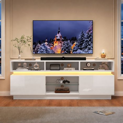 Meuble TV LED 160x35x60 cm, 10 compartiments, étagère en verre trempé, éclairage LED via application, TV jusqu’à 60 pouces, MDF, blanc brillant (1/5)