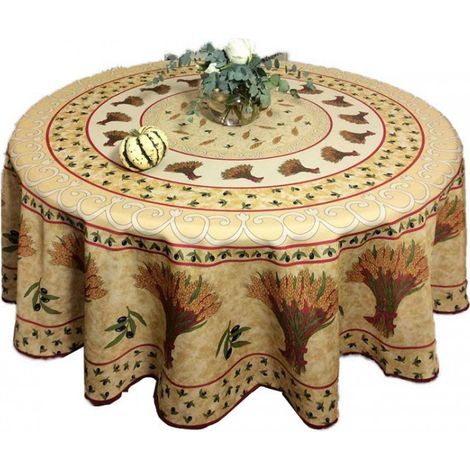 Nappe de Table Provençale Ronde180cm, Anti-Tâche avec motif Bouquet De Blé, 100% Polyester coloris beige (1/2)