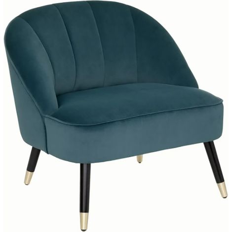 Fauteuil en velours et bois de pin coloris bleu canard - Longueur 78 x Profondeur 72 x Hauteur 71 cm (1/4)