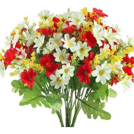 bouquet di fiori artificiali, 28 teste, graziose margherite finte per uso esterno, matrimoni, casa, decorazioni da giardino (rosso) (1/5)