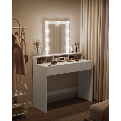 Vasagle – Coiffeuse enfant avec miroir LED réglable – 2 tiroirs et 3 compartiments – Dimensions 100 x 40 x 145 cm – Panneau d’aggloméré blanc (1/5)
