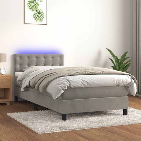 Cama box spring colchón y LED terciopelo gris claro 80x200 cm (1/4)