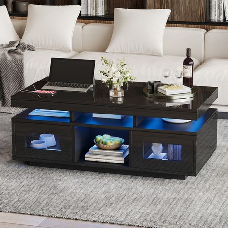 Table basse 100x50x43 cm en bois noir, gain de place avec rangement pour salon FloraGrace (1/5)