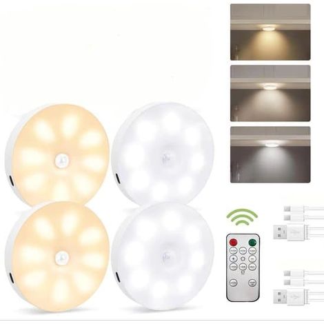BelleRise - Éclairage de meuble rechargeable avec détecteur de mouvement, lot de 4, 8 x 8 x 2 cm, 3 couleurs réglables, télécommande incluse (1/5)