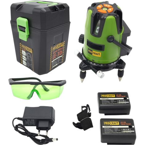 Láser de líneas y líneas cruzadas a batería Procraft LE-3D, 3,7 V, 50 m, verde, autonivelante + batería integrada de 2,0 Ah (1/5)